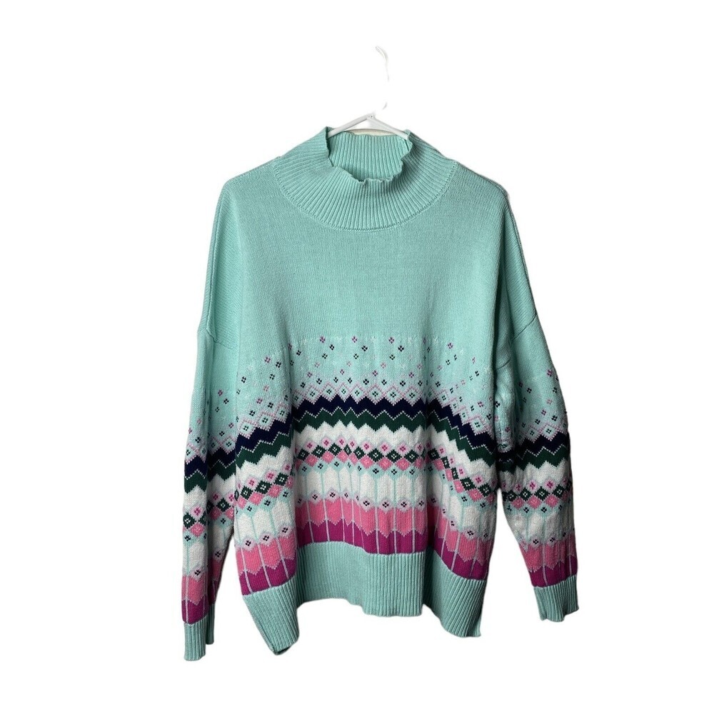 Crown & Ivy Mock Neck Sweater  Women Rainbow SZ M Green Grandma Cottage Core